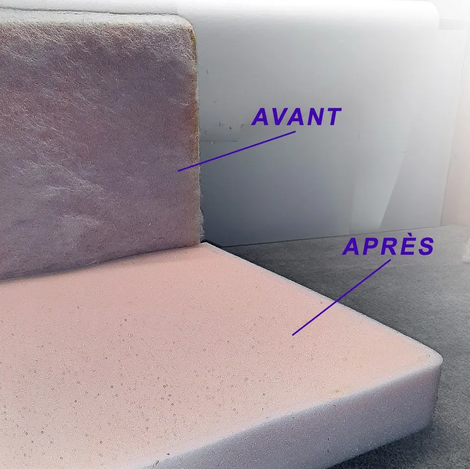 Assise de chaise avant et après remplacement de la mousse