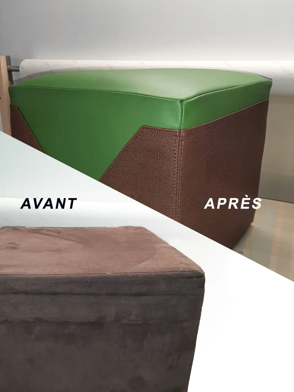 Pouf avant et après recouvrement en simili vert