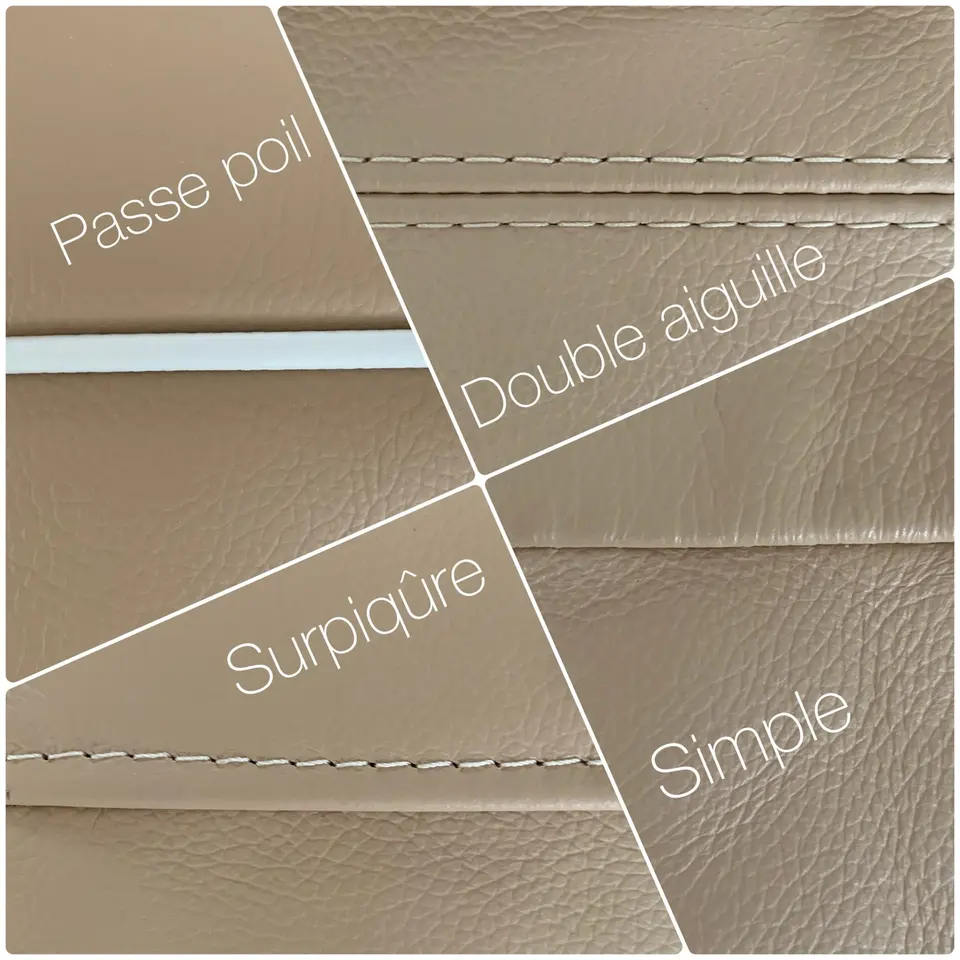 Planche d'échantillons de coutures de l'atelier : passepoil, double aiguille, surpiqûre et couture simple annotés sur du simili beige